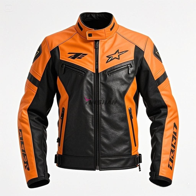 OEM Wholesale Embroidered Logo Armband Leather Stitching Color Stand Collar Concealed Button Motorcycle Jacket