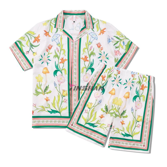 Custom Summer French Beach Travel Holiday Style Floral Illustration Cuban Collar Short-sleeved Shirt Shorts Men's Beach Suit