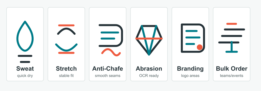 Hybrid racing apparel criteria icon set