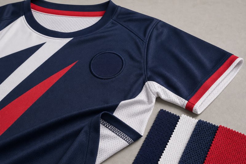 Illustrative custom sportswear sample showing fabric, seam and embroidery details