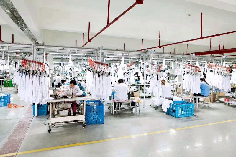 Sewing line producing custom hospitality garments